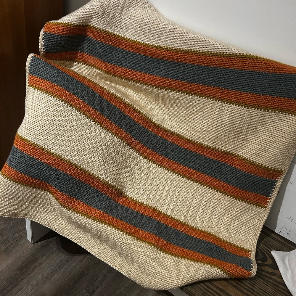 Striped Crochet Blanket in Cream, Orange, and Gray